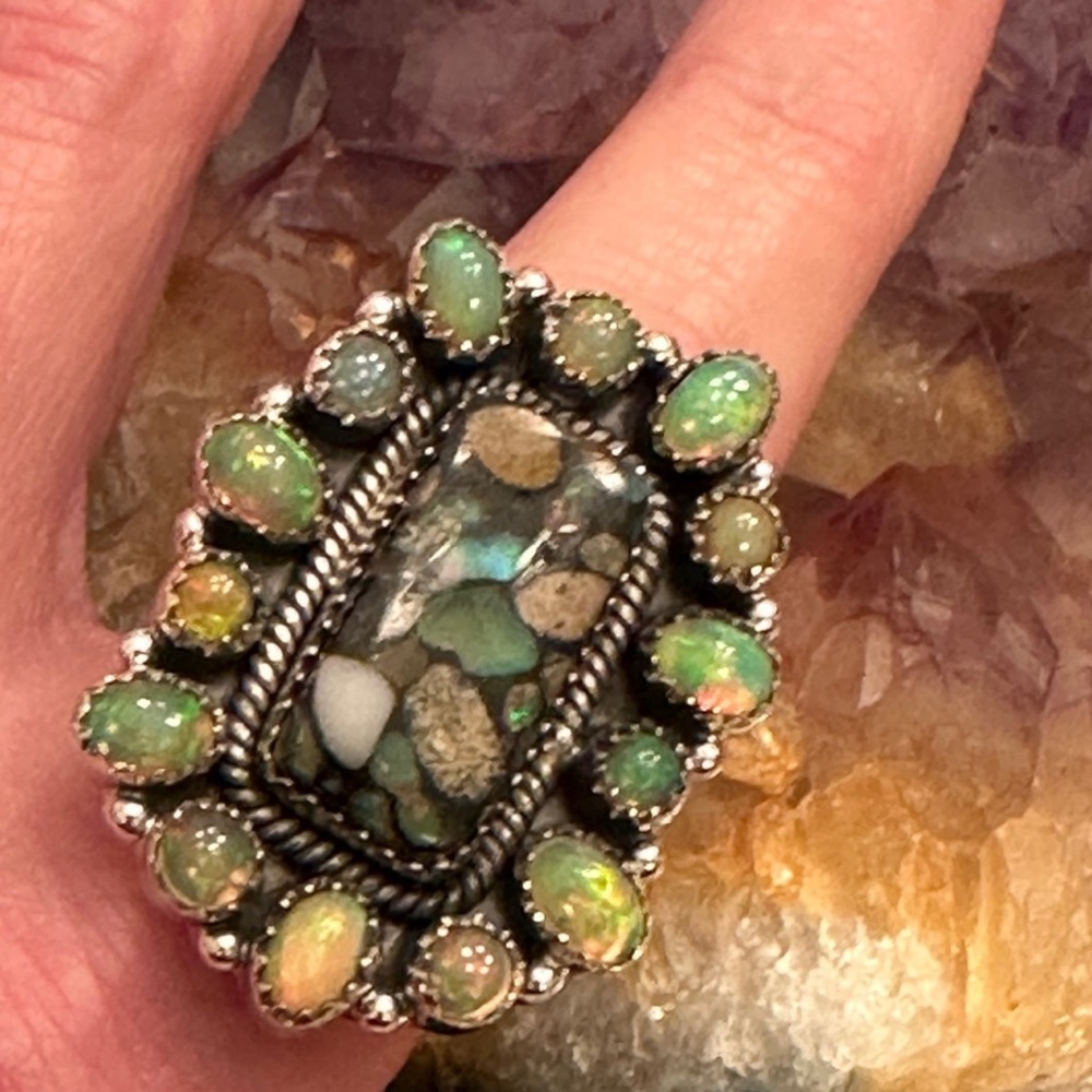 Opal With Mosaic Opal Adjustable Statement Sterli… - image 2